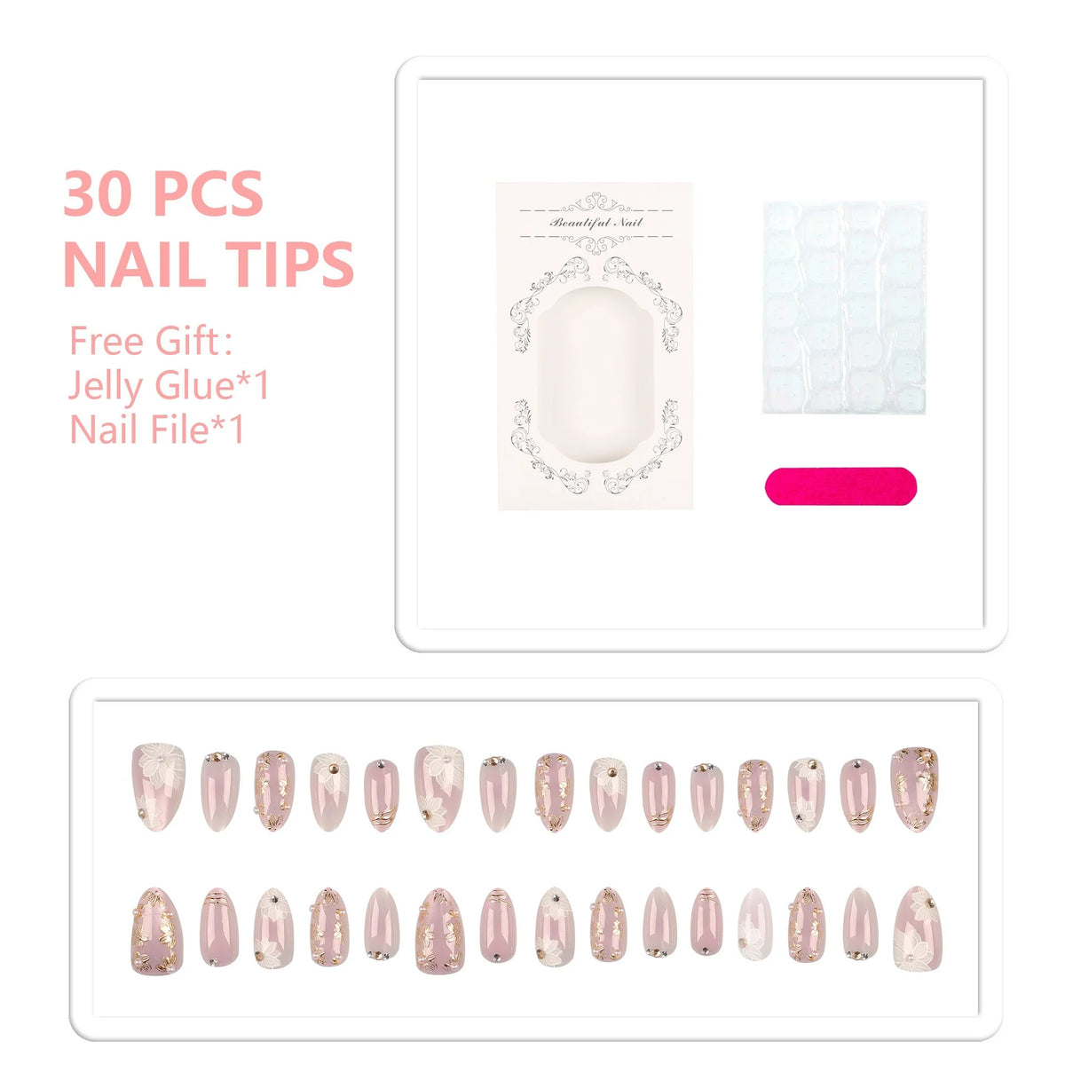 Press-On Nail Set Floral Gem Accents Self-Adhesive & Reusable