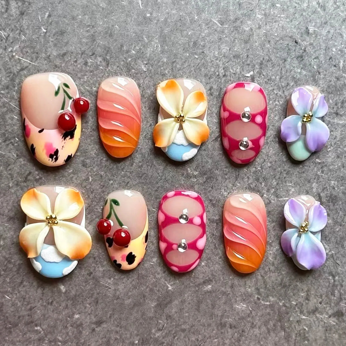 Press-On Nail Set Floral & Gem Designs Adhesive Tabs