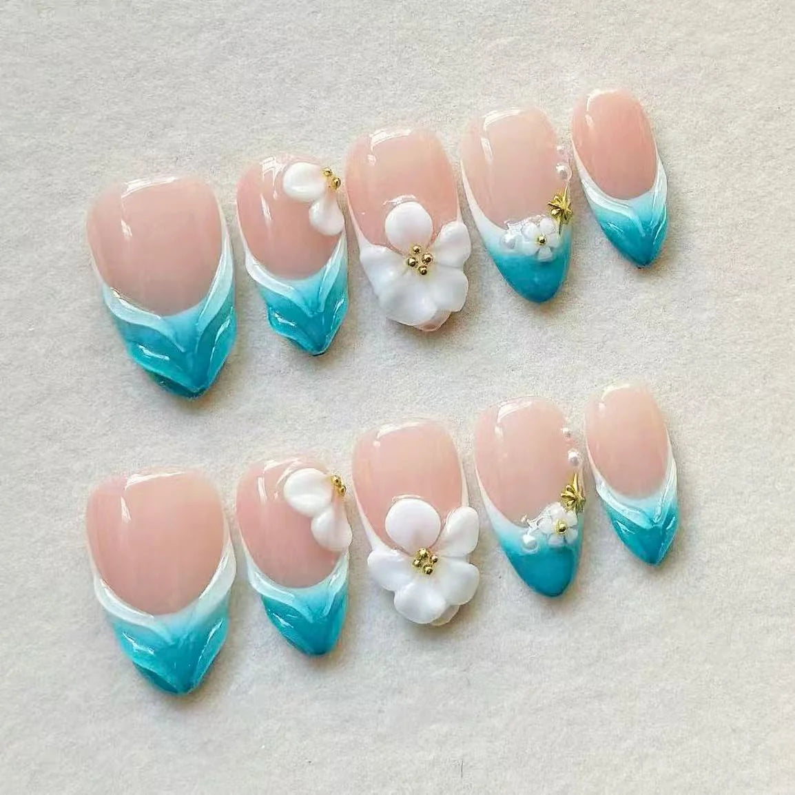 Press-On Nail Set Floral Gem Embellished Easy Application