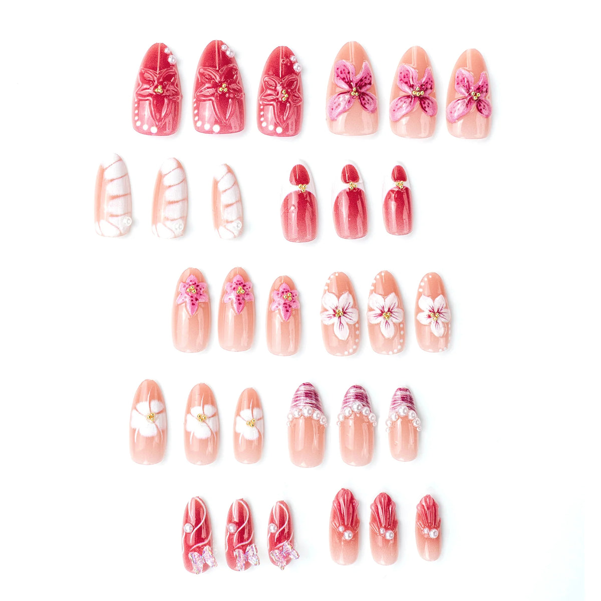 Press-On Nail Set Floral Gem Embellished Easy Apply & Reusable