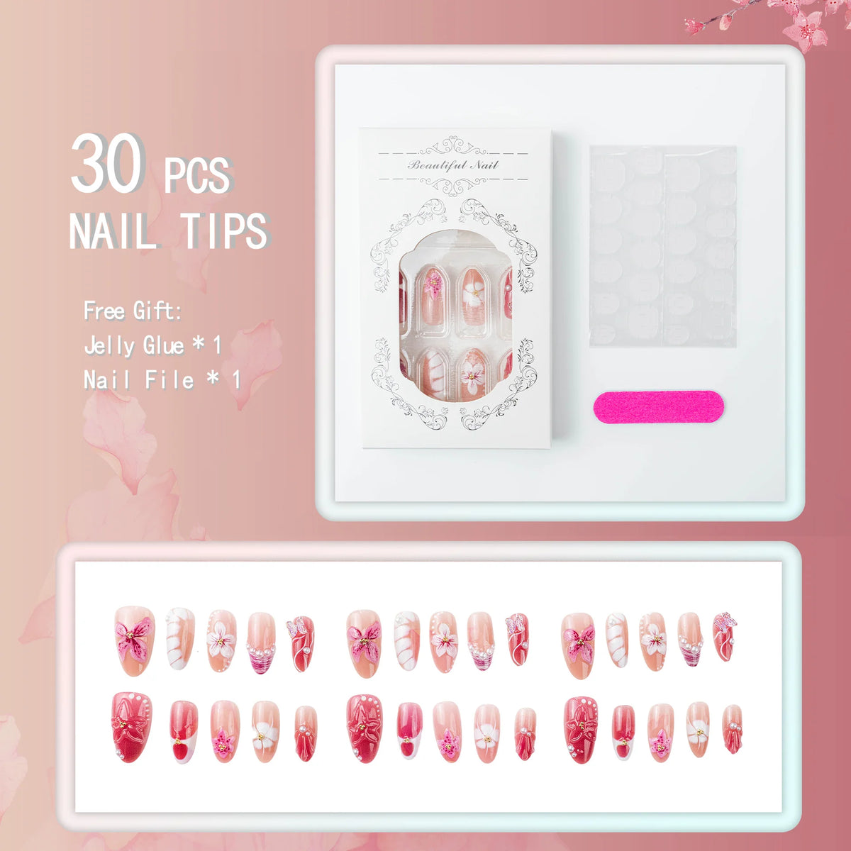 Press-On Nail Set Floral Gem Embellished Easy Apply & Reusable