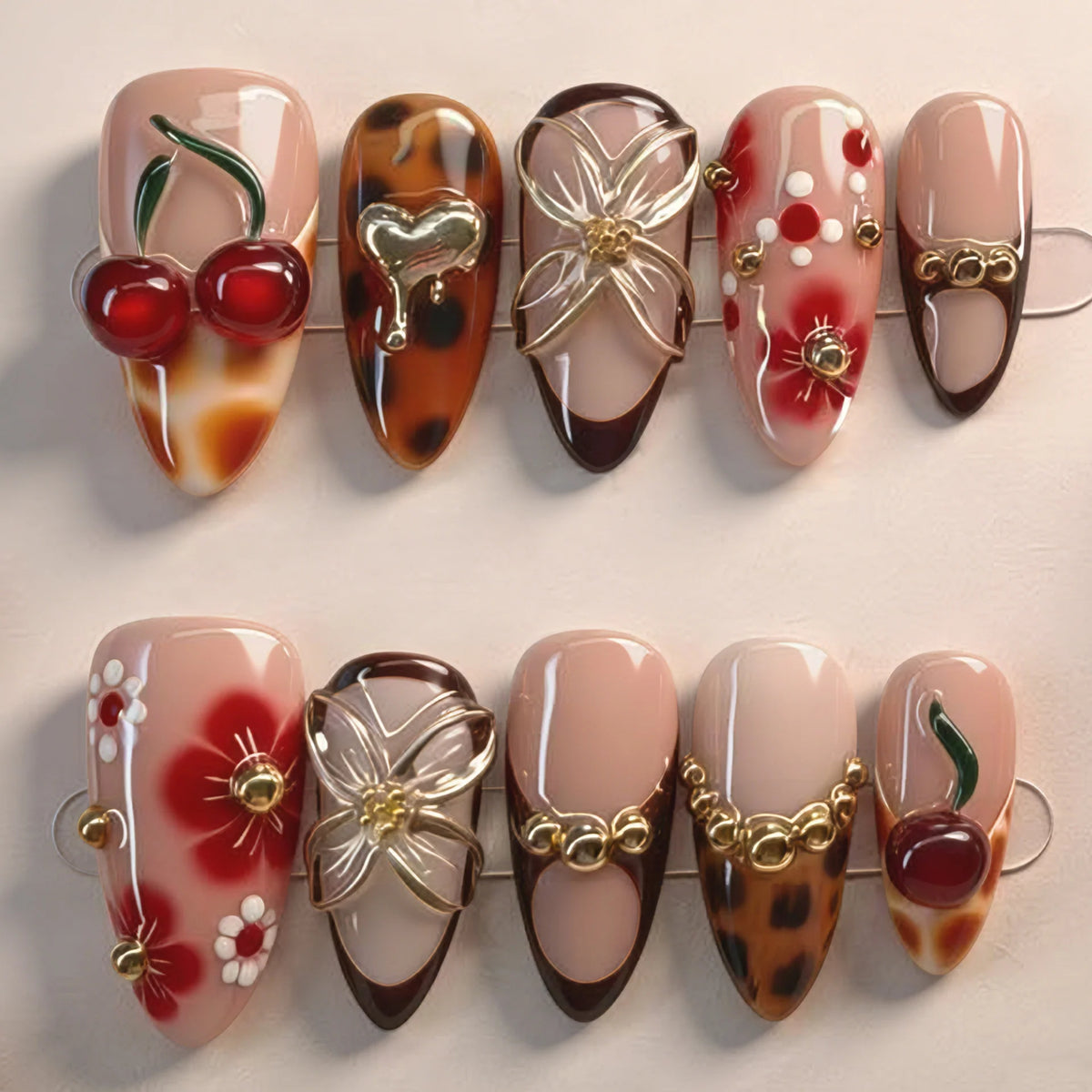 Press-On Nail Set Floral & Gem-Embellished Long-Lasting