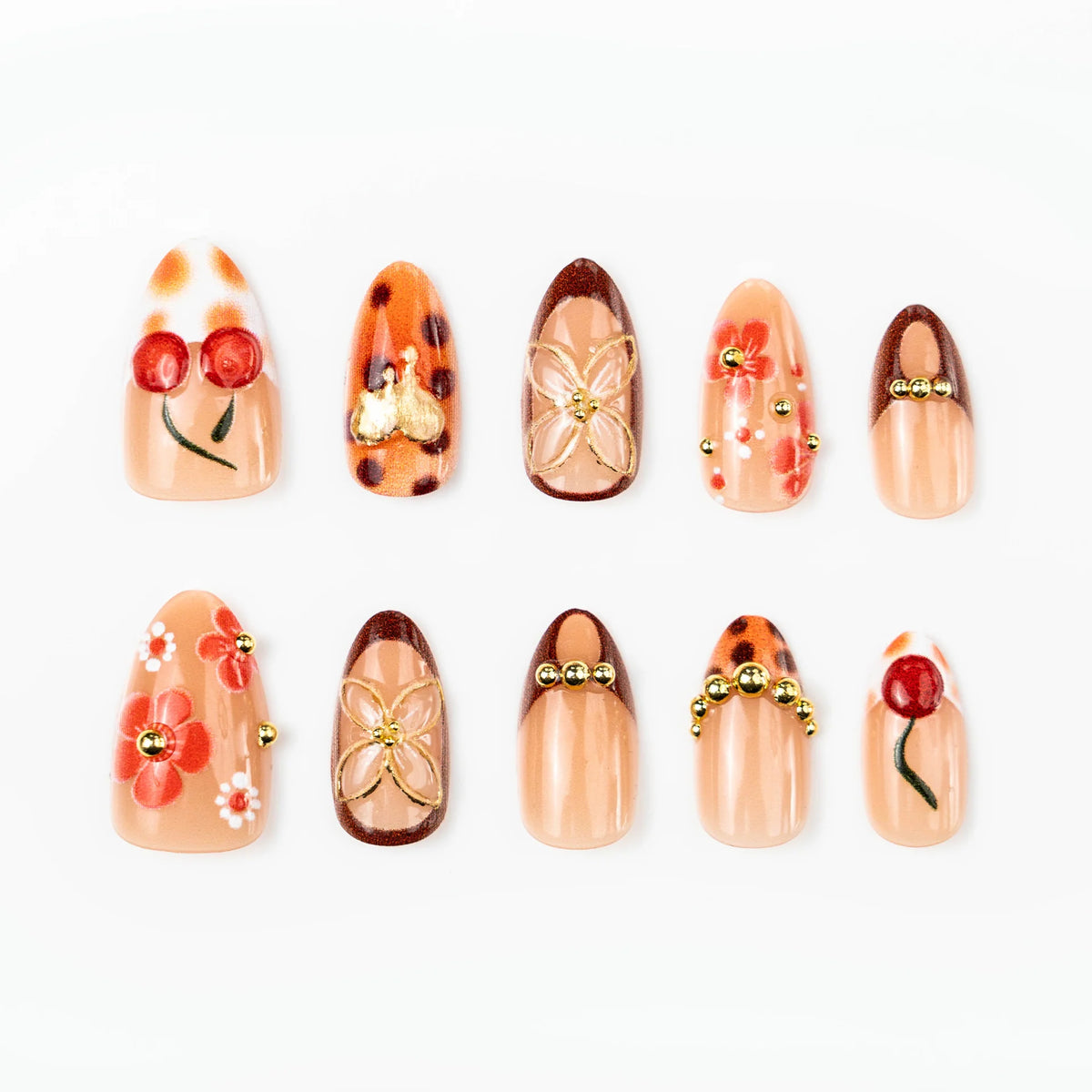 Press-On Nail Set Floral & Gem-Embellished Long-Lasting