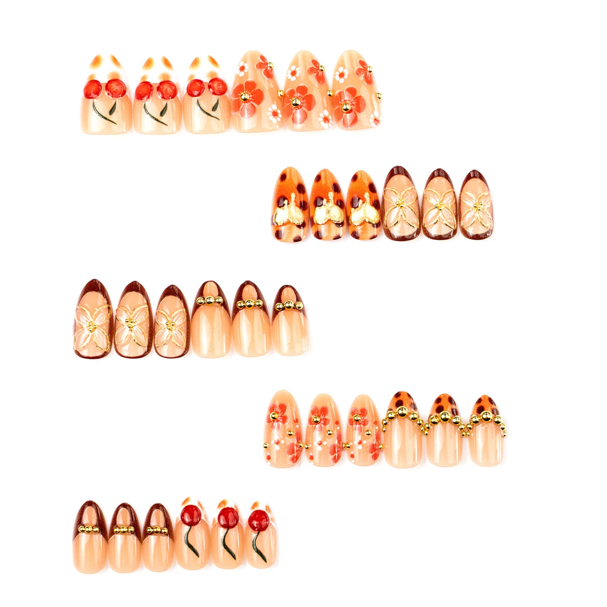Press-On Nail Set Floral & Gem-Embellished Long-Lasting