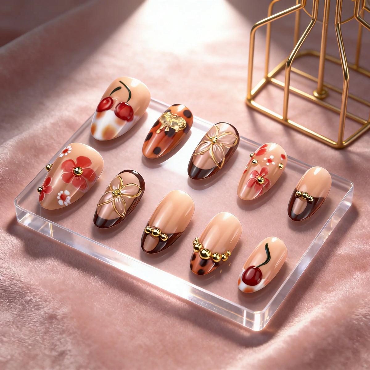 Press-On Nail Set Floral & Gem-Embellished Long-Lasting
