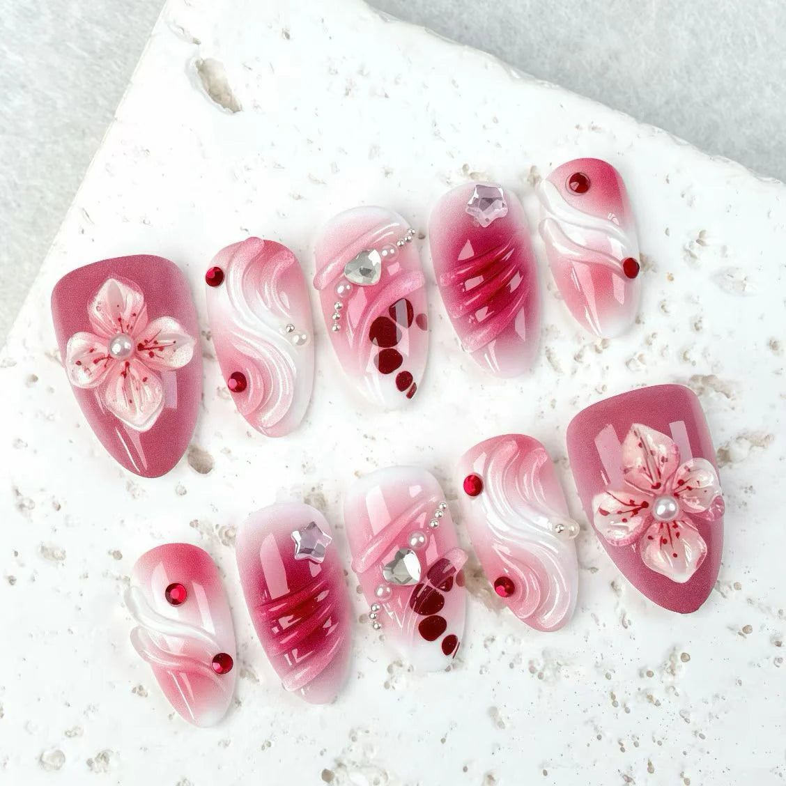 Press-On Nail Set Floral & Gem Embellishments Reusable