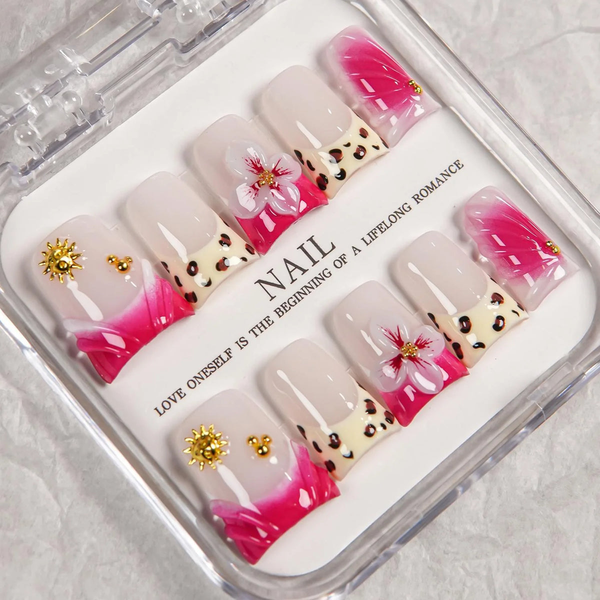 Press-On Nail Set Floral Gem & Gold Accents Multiple Sizes