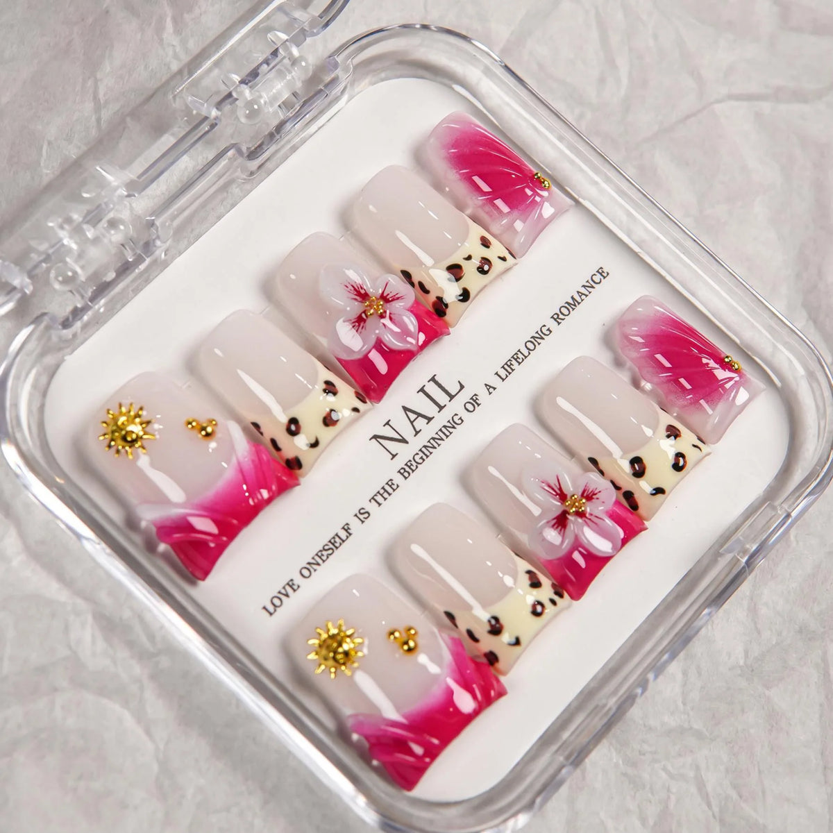 Press-On Nail Set Floral Gem & Gold Accents Multiple Sizes