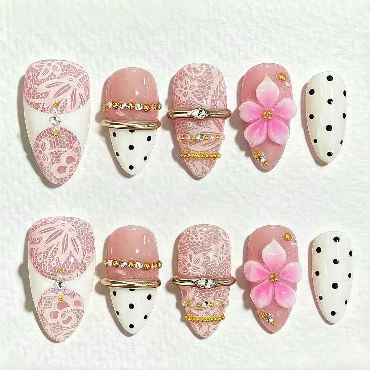 Press-On Nail Set Floral & Gemstone Accents Multiple Sizes