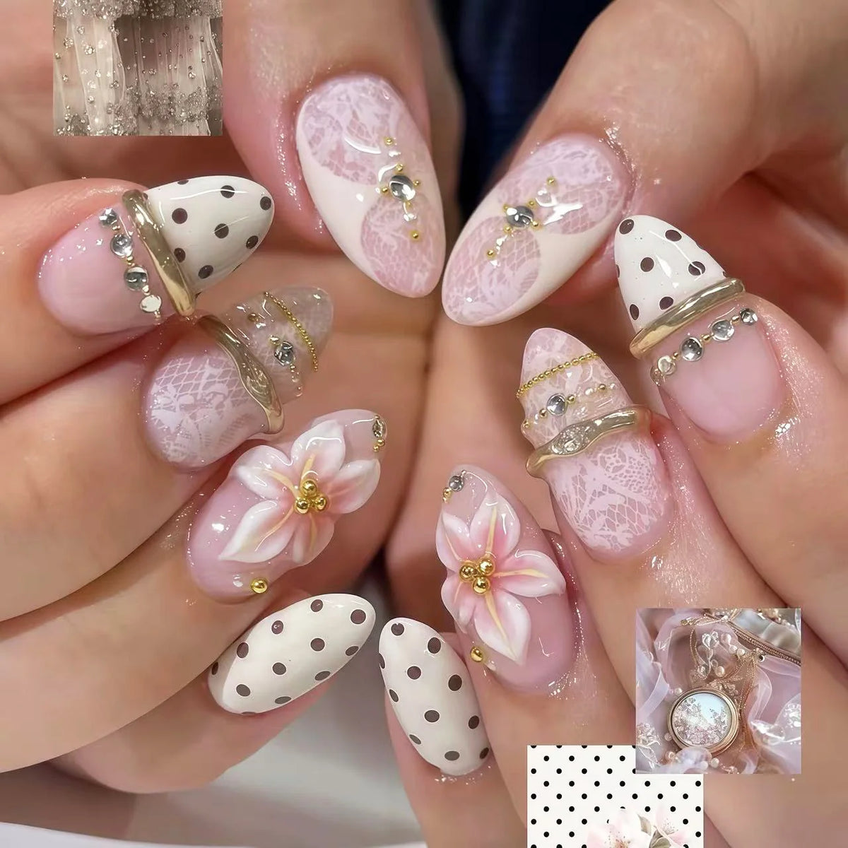 Press-On Nail Set Floral & Gemstone Accents Multiple Sizes