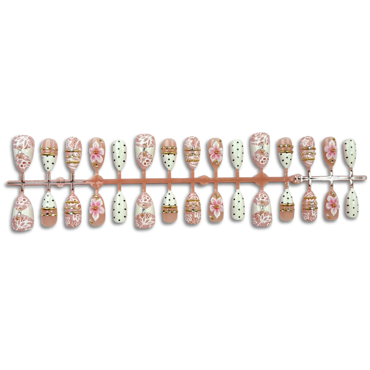 Press-On Nail Set Floral & Gemstone Accents Multiple Sizes