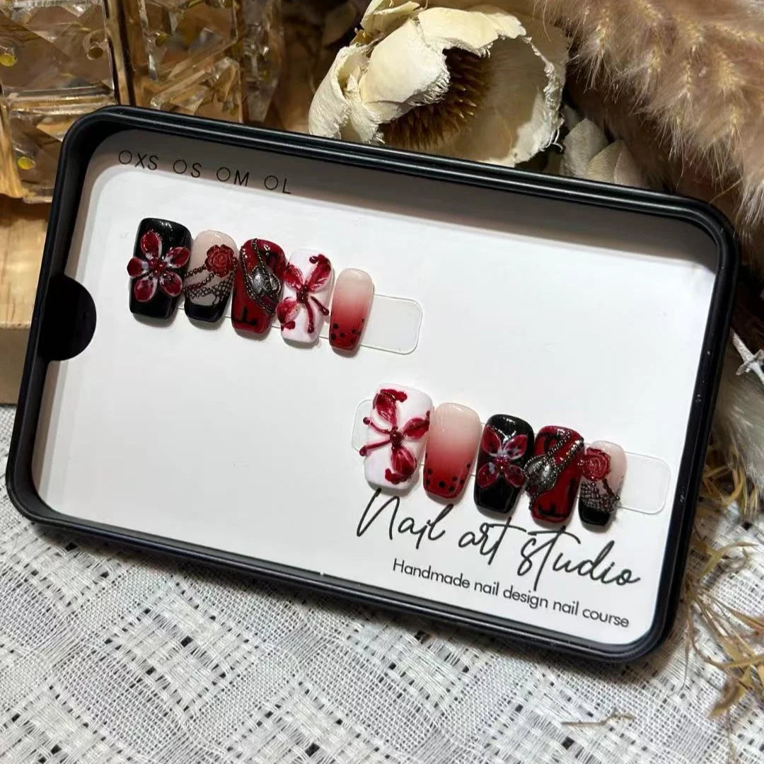 Press-On Nail Set Floral & Gemstone Accents Peel-On Application