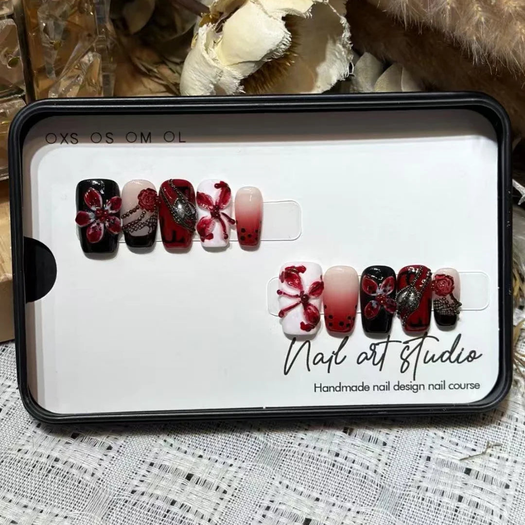 Press-On Nail Set Floral & Gemstone Accents Peel-On Application