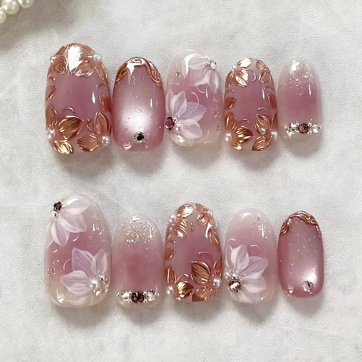 Press-On Nail Set Floral & Gemstone Accents Self-Adhesive