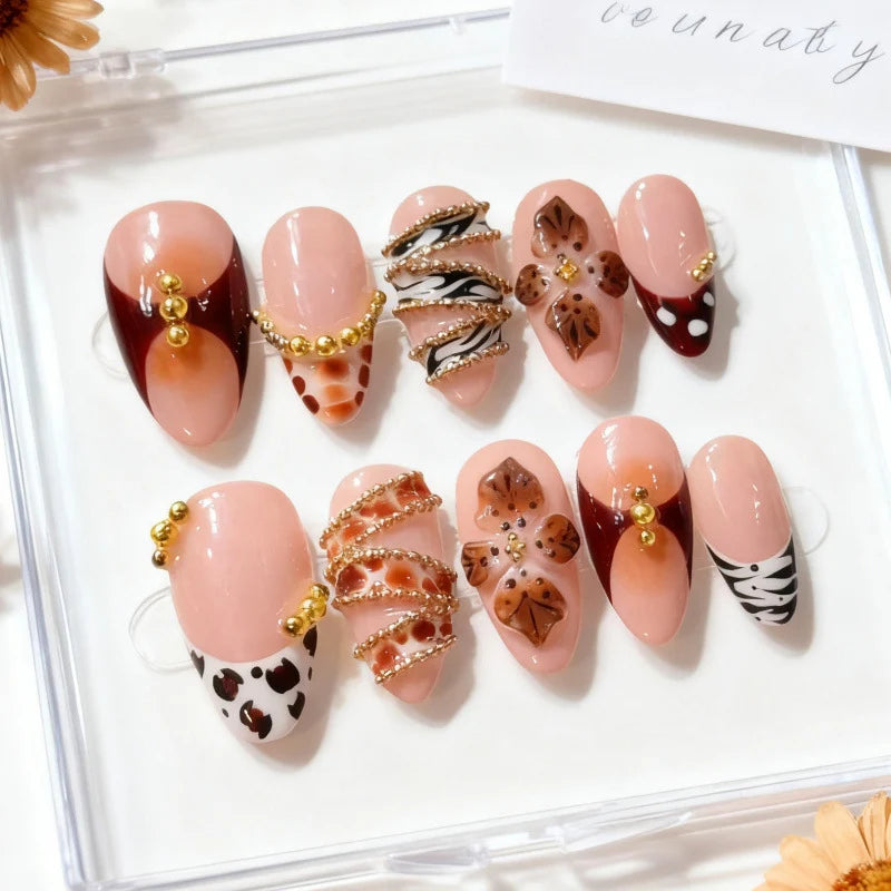 Press-On Nail Set Floral & Gemstone Accents Self-Adhesive