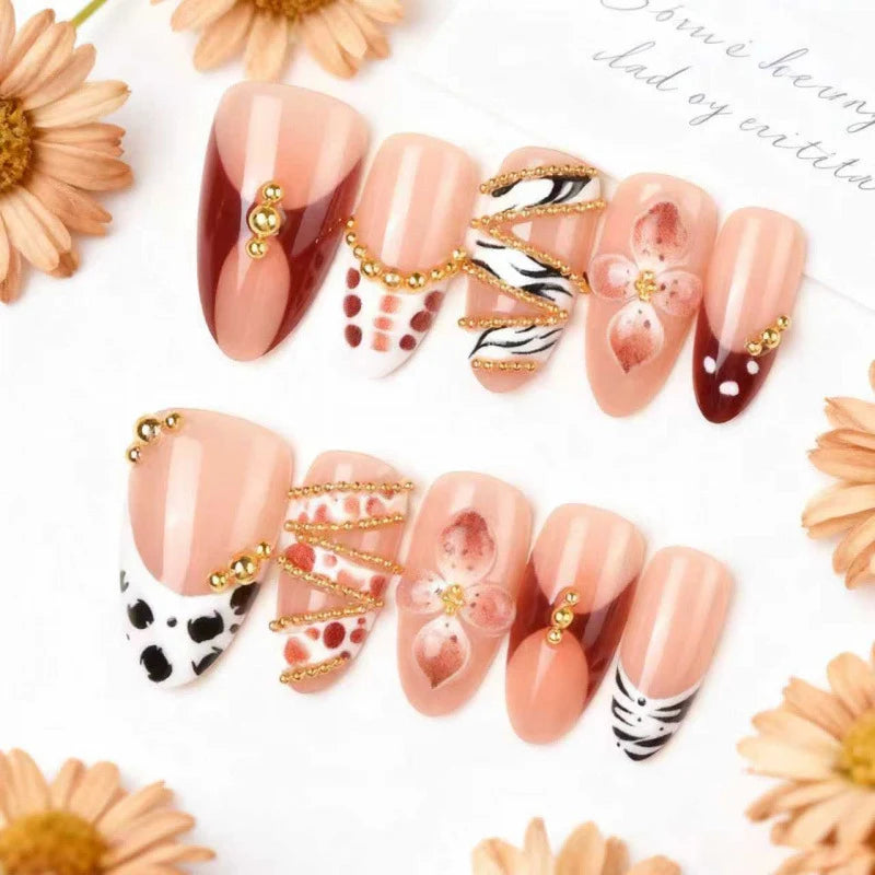 Press-On Nail Set Floral & Gemstone Accents Self-Adhesive