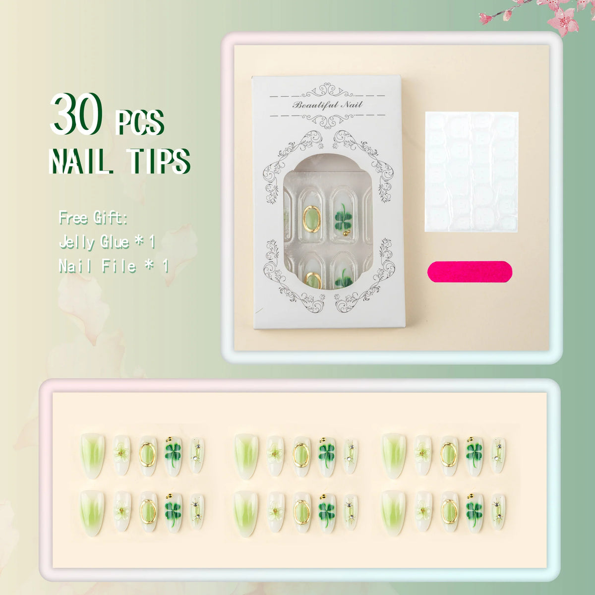 Press-On Nail Set Floral & Gemstone Easy Application