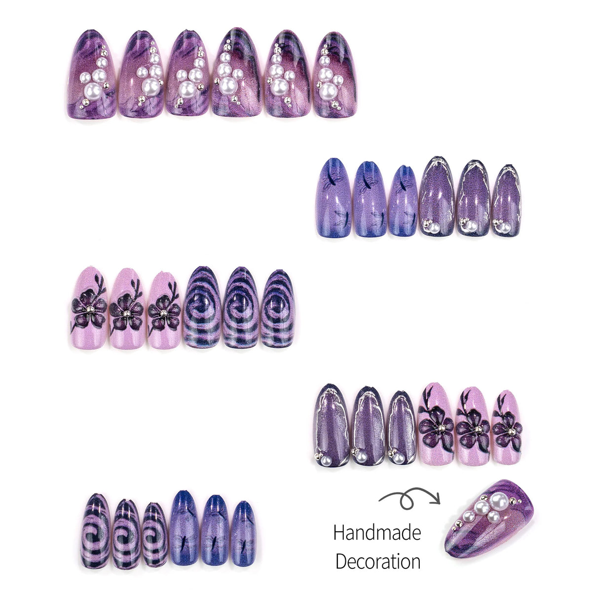 Press-On Nail Set Floral & Gemstone Peel-And-Stick Long-Lasting