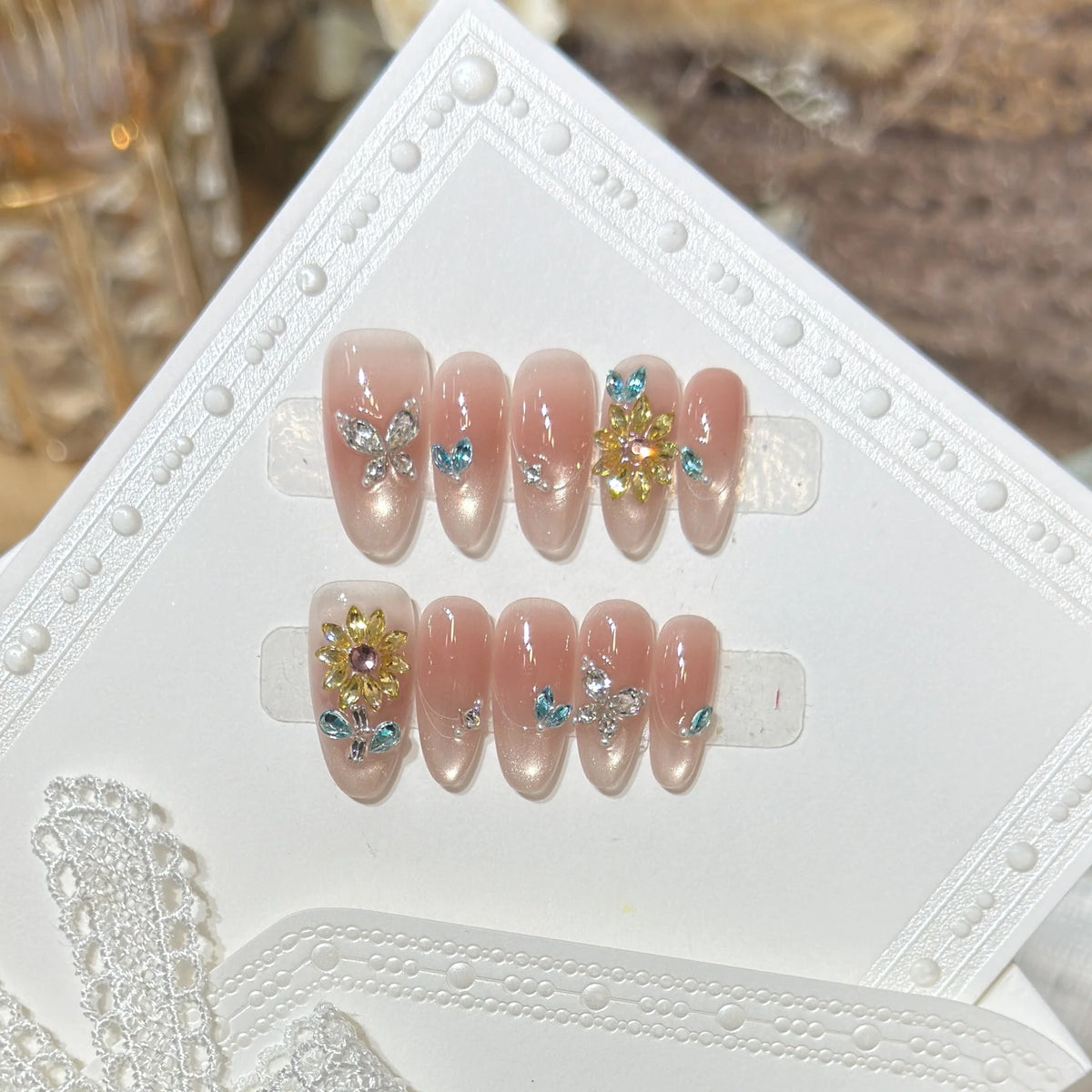 Press-On Nail Set Floral Gemstone Reusable