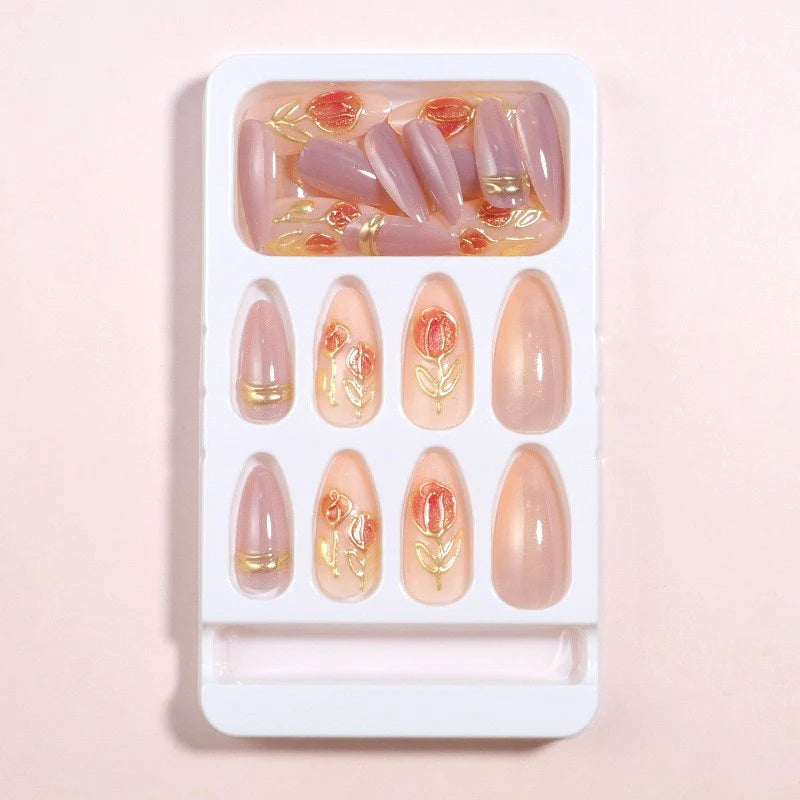 Press-On Nail Set Floral & Gilded Accents No Glue