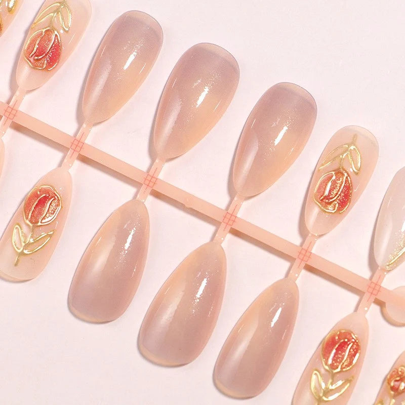 Press-On Nail Set Floral & Gilded Accents No Glue