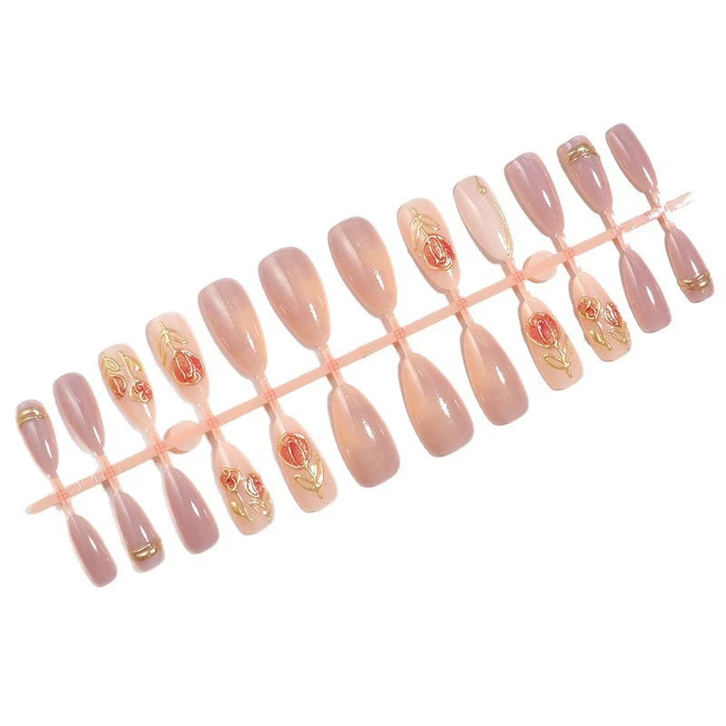 Press-On Nail Set Floral & Gilded Accents No Glue