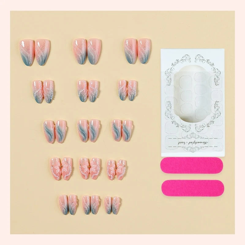 Press-On Nail Set Floral & Glamorous Long-Lasting Adhesive Included