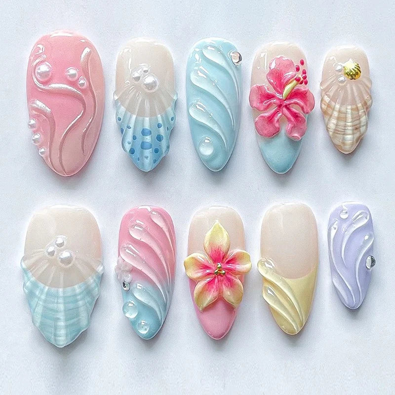 Press-On Nail Set Floral & Glamorous Long-Lasting Adhesive Included