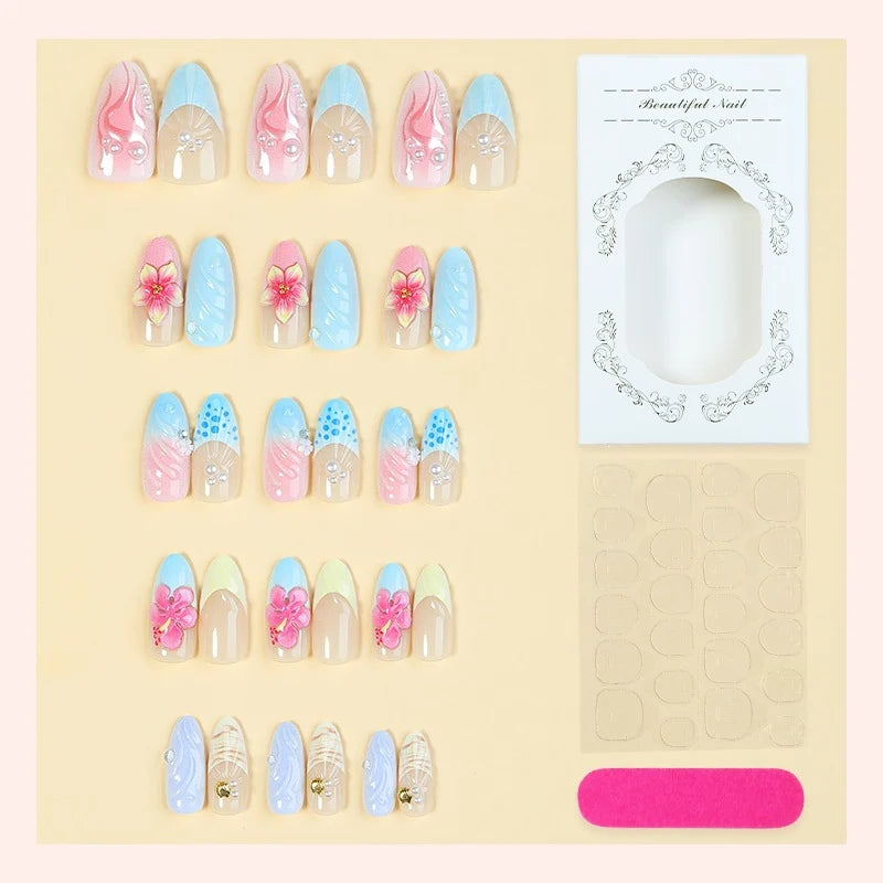 Press-On Nail Set Floral & Glamorous Long-Lasting Adhesive Included