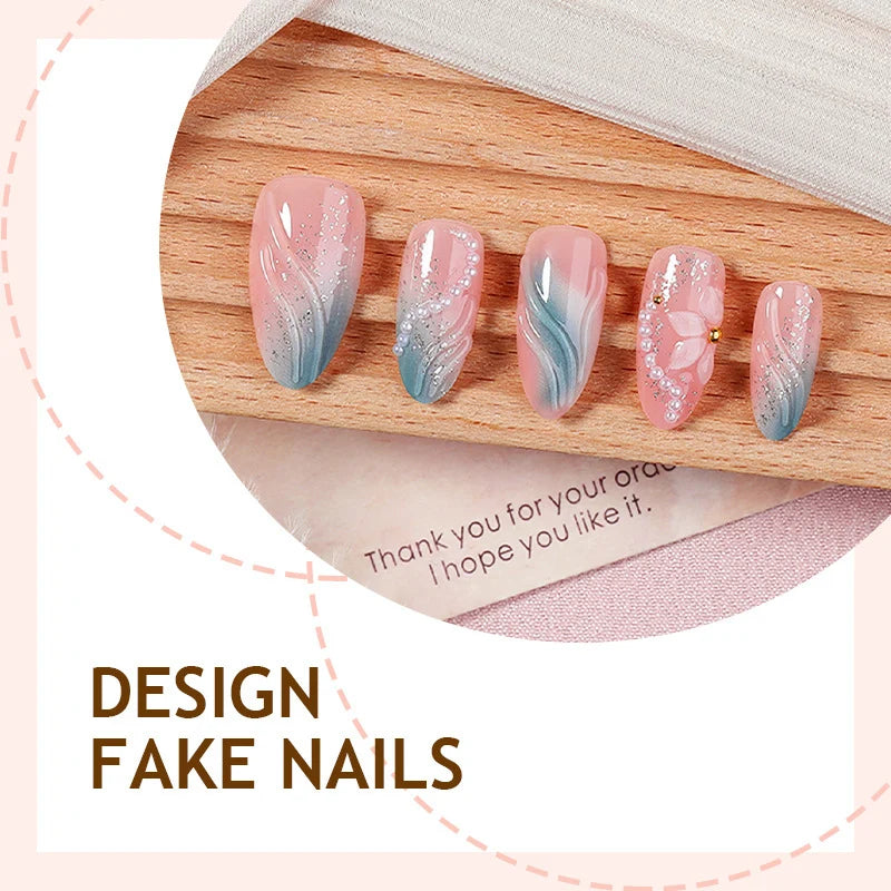 Press-On Nail Set Floral & Glamorous Long-Lasting Adhesive Included