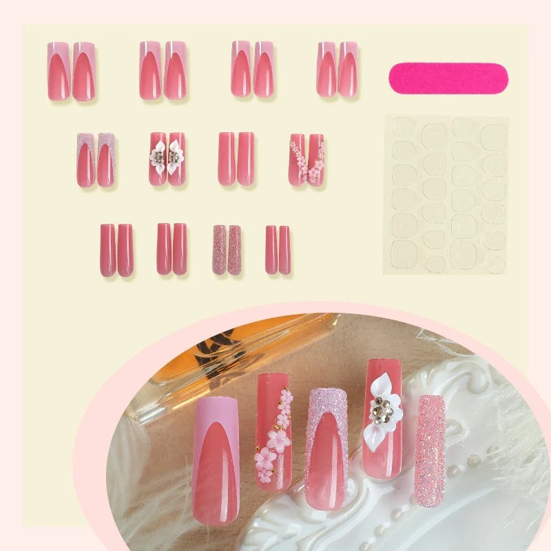 Press-On Nail Set Floral & Glitter 24-Piece Long-Lasting