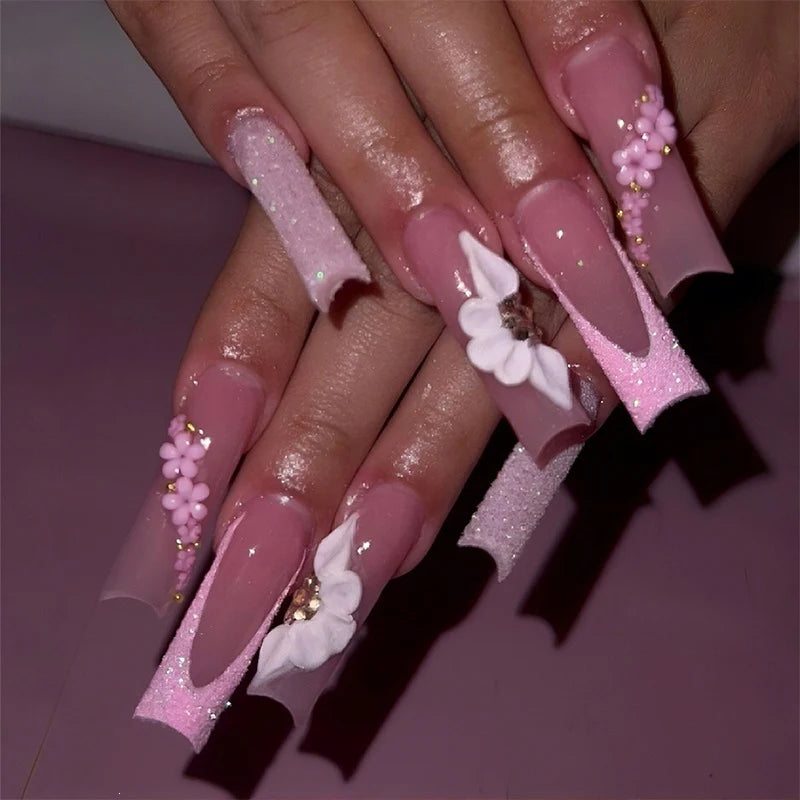Press-On Nail Set Floral & Glitter 24-Piece Long-Lasting