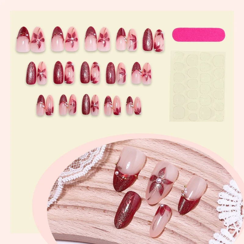 Press-On Nail Set Floral & Glitter 24-Piece Reusable