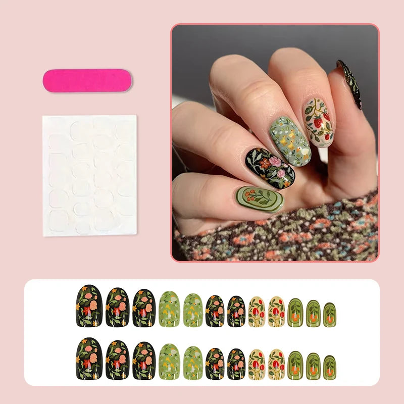 Press-On Nail Set Floral & Glitter 35 Nail Tips