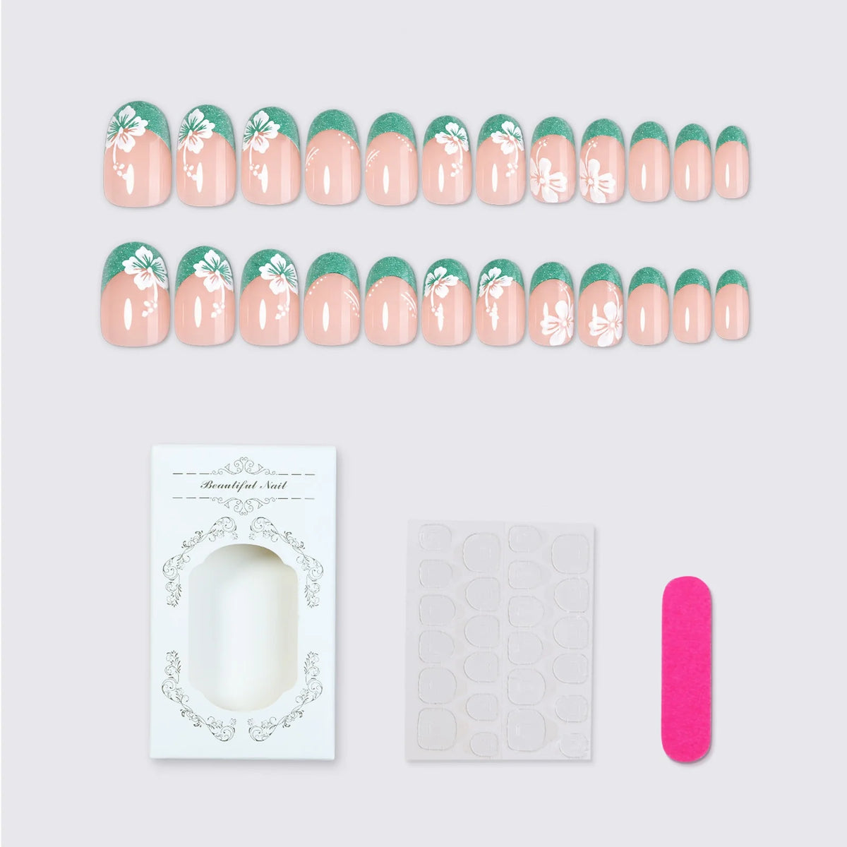 Press-On Nail Set Floral & Glitter Adhesive Kit