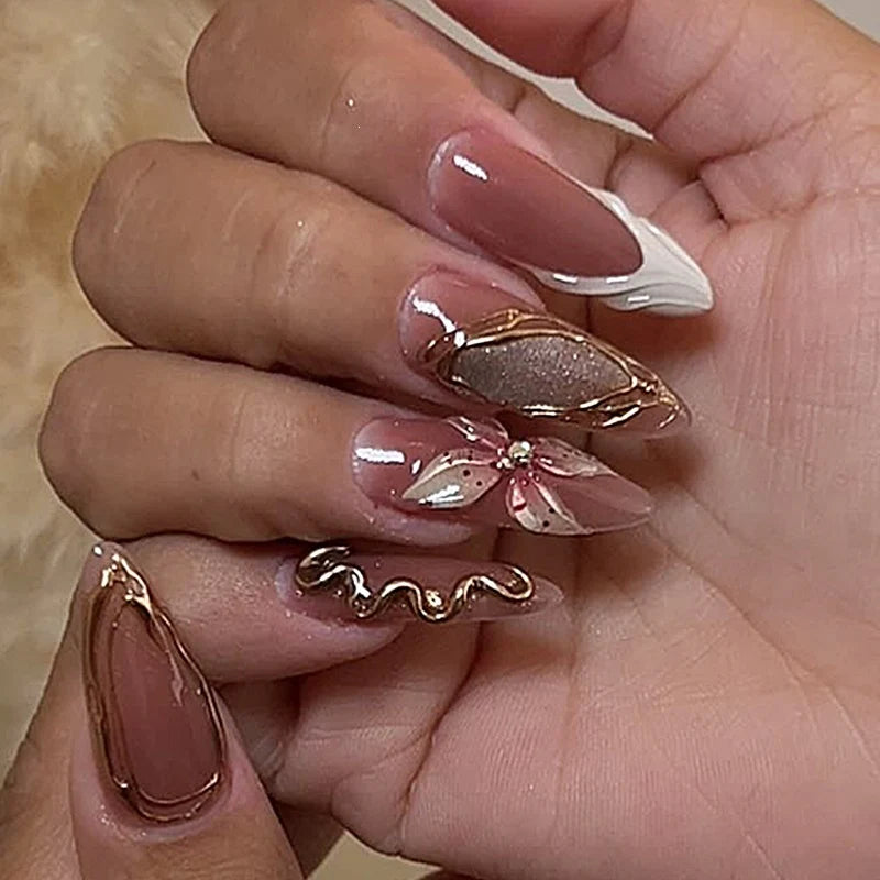 Press-On Nail Set Floral & Glitter Adhesive Pads