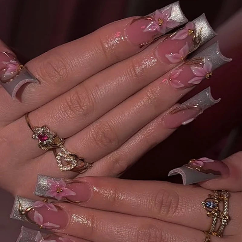 Press-On Nail Set Floral & Glitter Easy Application