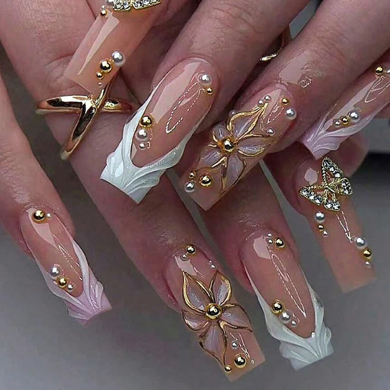 Press-On Nail Set Floral & Glitter Easy To Apply