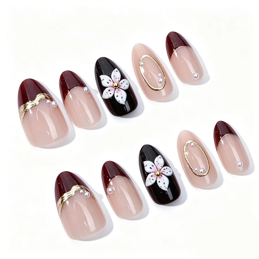 Press-On Nail Set Floral & Glitter Long-Lasting