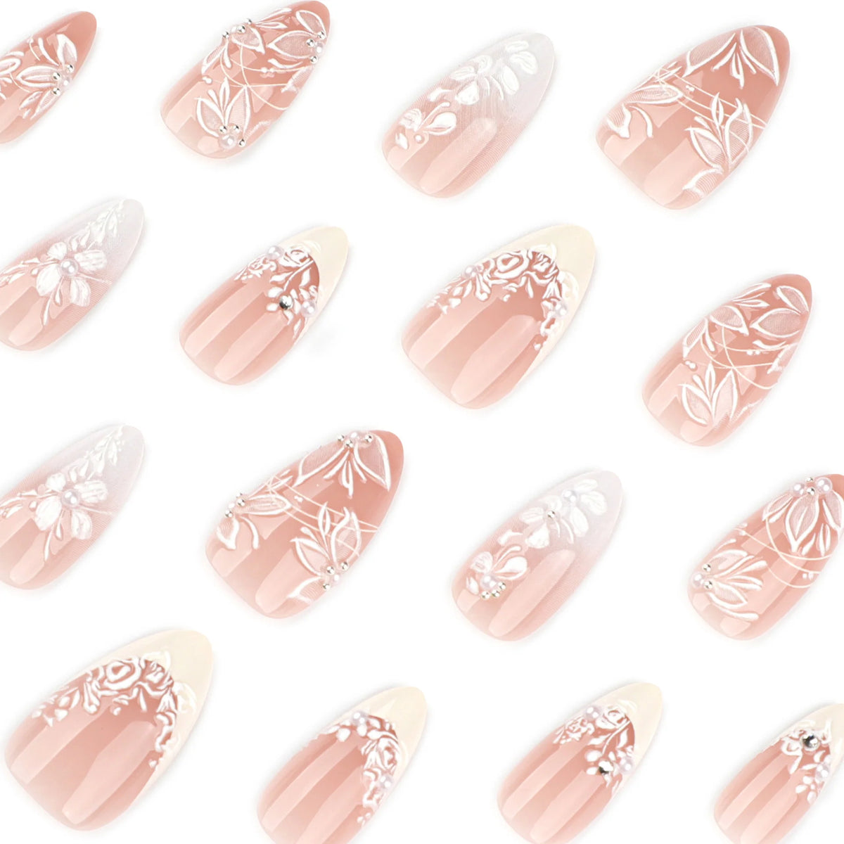 Press-On Nail Set Floral Glitter & Rhinestone Skin-Friendly