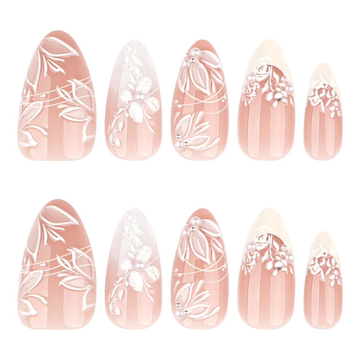 Press-On Nail Set Floral Glitter & Rhinestone Skin-Friendly