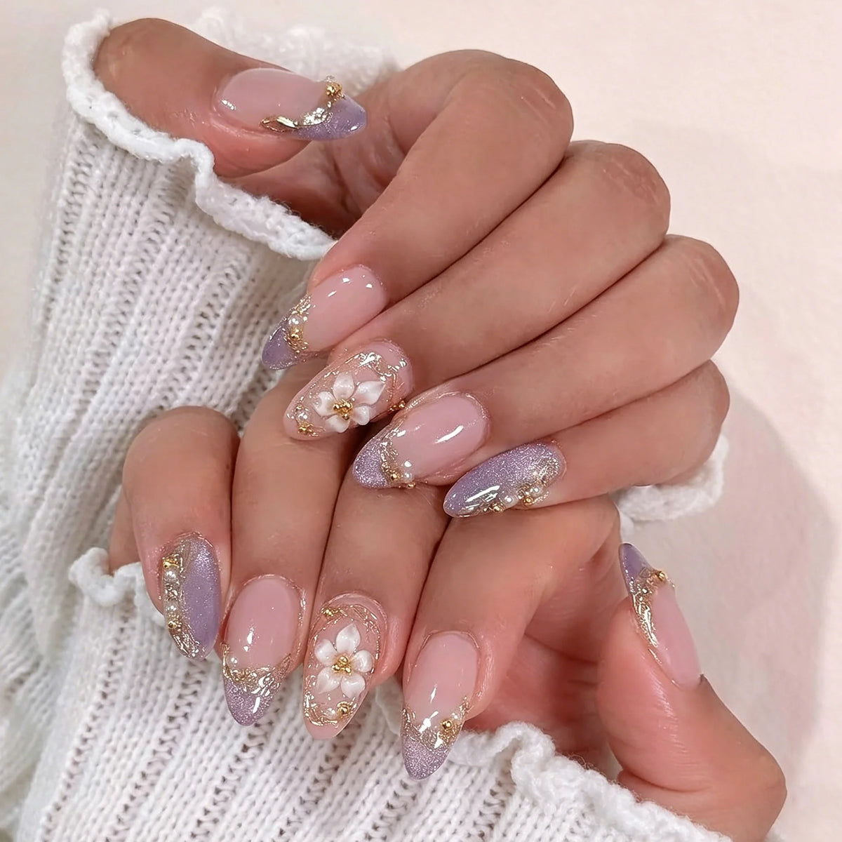 Press-On Nail Set Floral & Glitter Salon-Quality Reusable