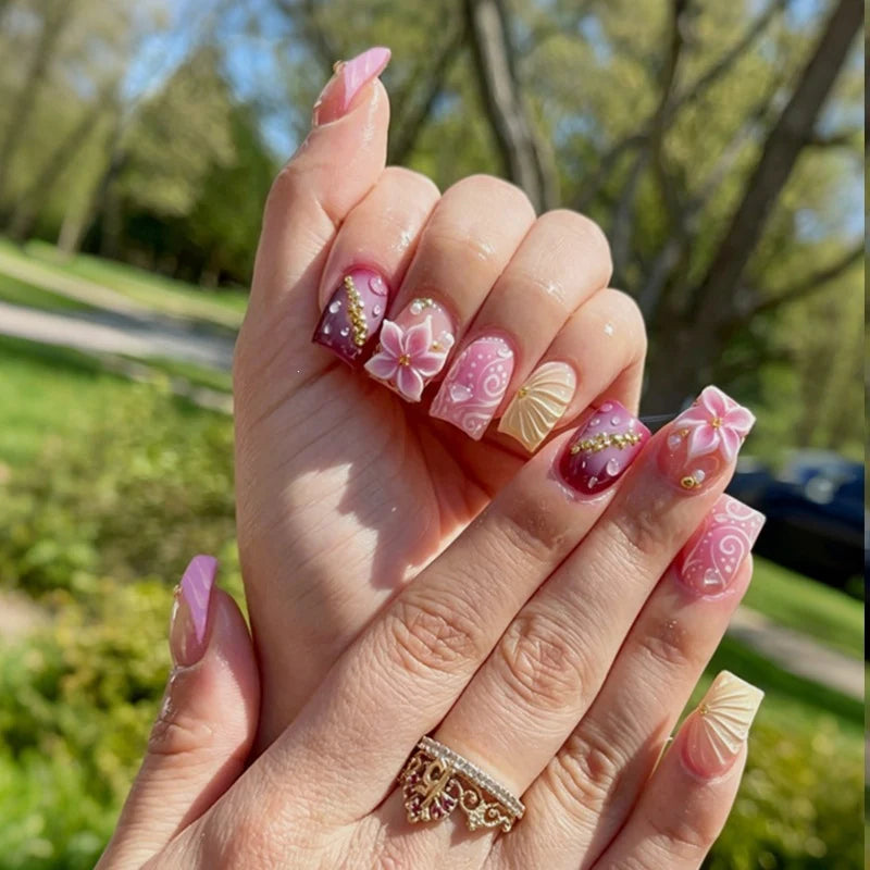 Press-On Nail Set Floral & Glitter Self-Adhesive