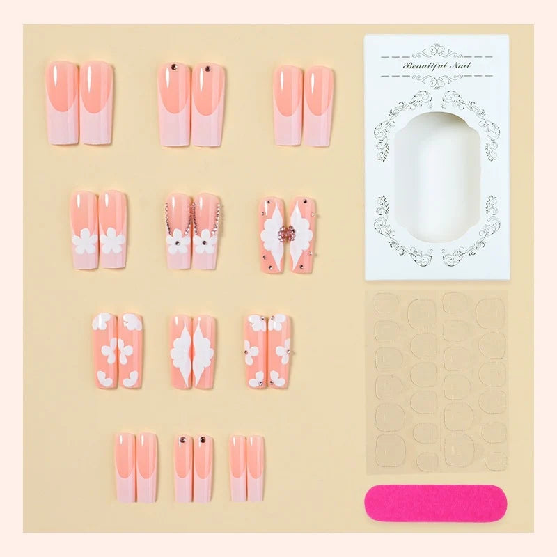 Press-On Nail Set Floral & Glitter Self-Adhesive 24-Piece