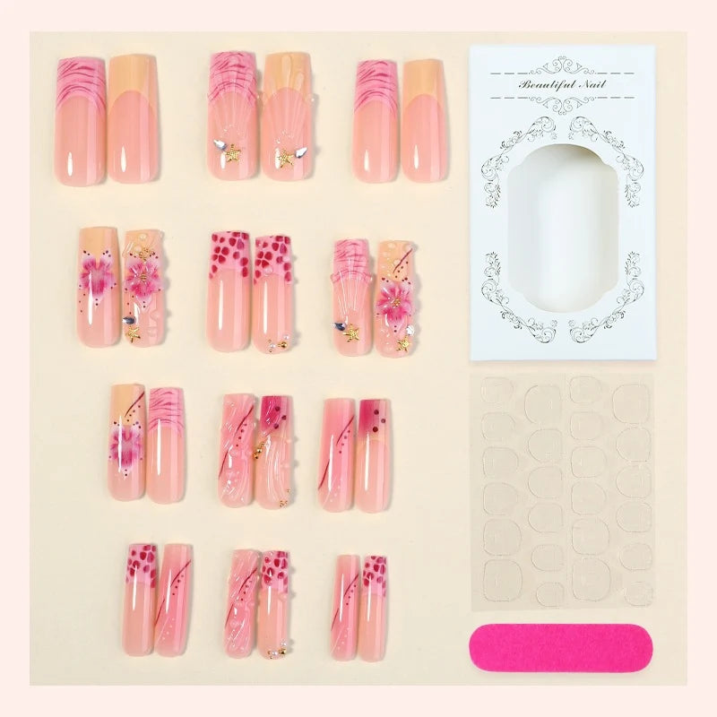 Press-On Nail Set Floral & Glitter Self-Adhesive 24-Piece