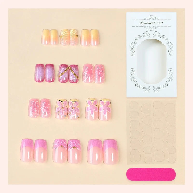 Press-On Nail Set Floral & Glitter Self-Adhesive