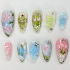 Press-On Nail Set Floral & Glitter Self-Adhesive 30-Piece