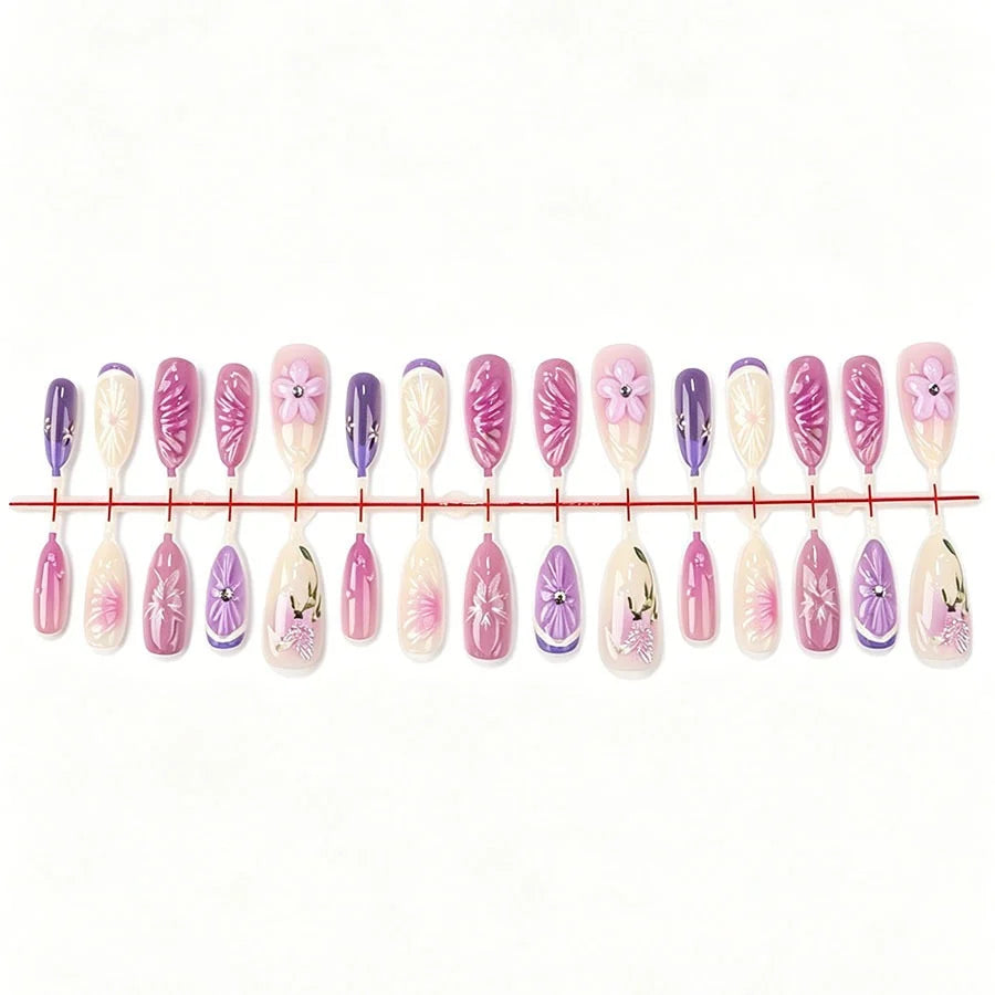 Press-On Nail Set Floral Glitter Self-Adhesive & Reusable