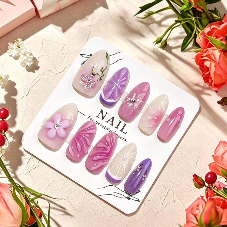Press-On Nail Set Floral Glitter Self-Adhesive & Reusable