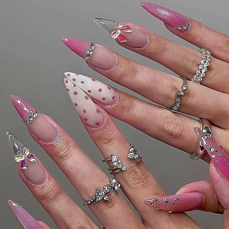 Press-On Nail Set Floral Glitter With Adhesive Strips & File